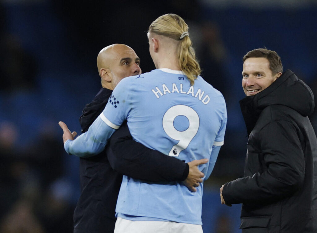Pep Guardiola og Erling Haaland havde nogle ord at sige til hinanden direkte efter slutfløjt. Foto: Action Images via Reuters/Jason Cairnduff