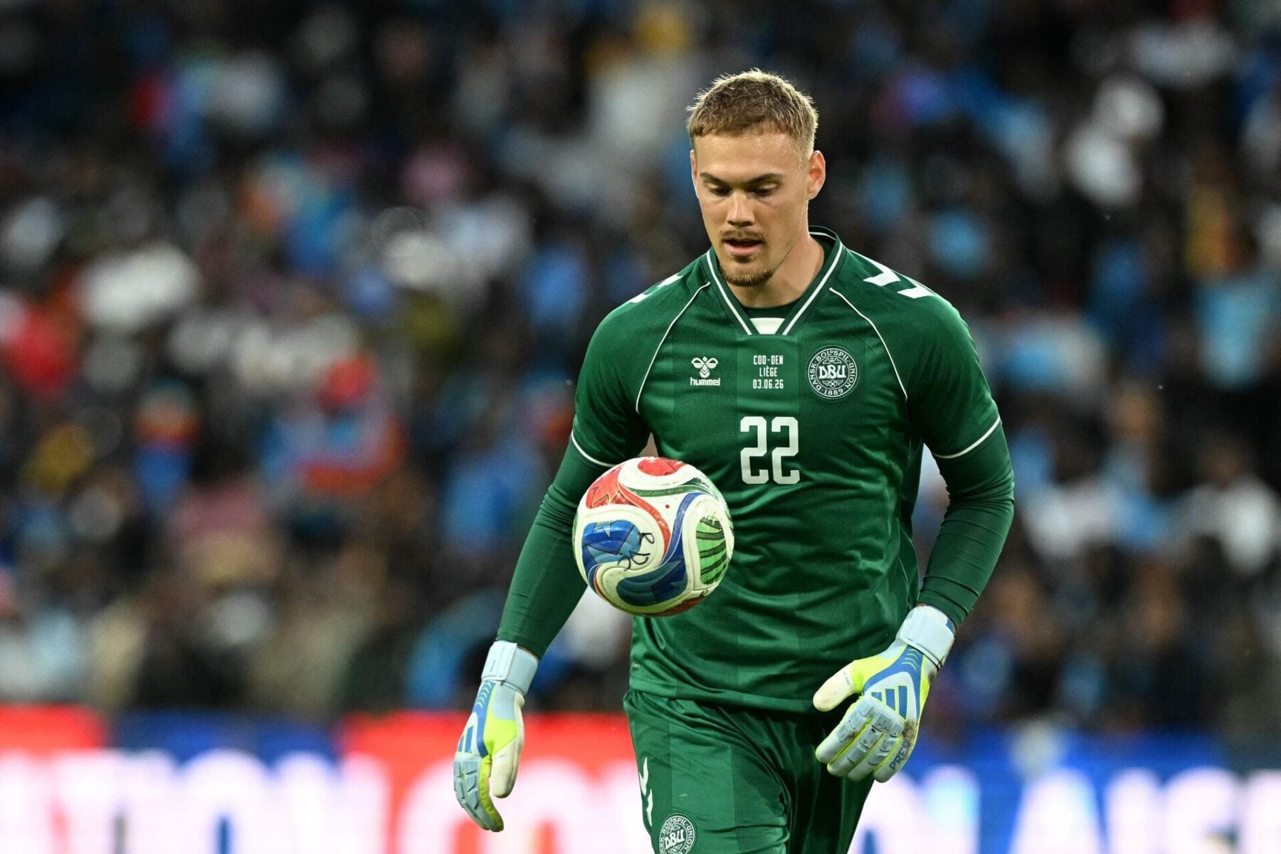 Filip Jørgensen var i aktion for Danmark i onsdagens testkamp mod DR Congo i Liége.
